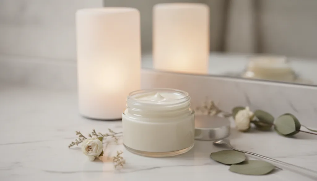 A small elegant glass jar filled with the finished DIY Vaseline baby oil and cocoa cream with a subtle golden glow place