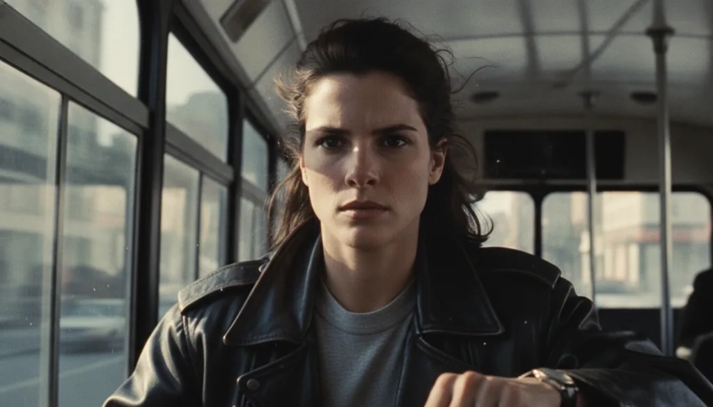 A real film still of Sandra Bullock from a 90s movie perhaps Speed or While You Were Sleeping