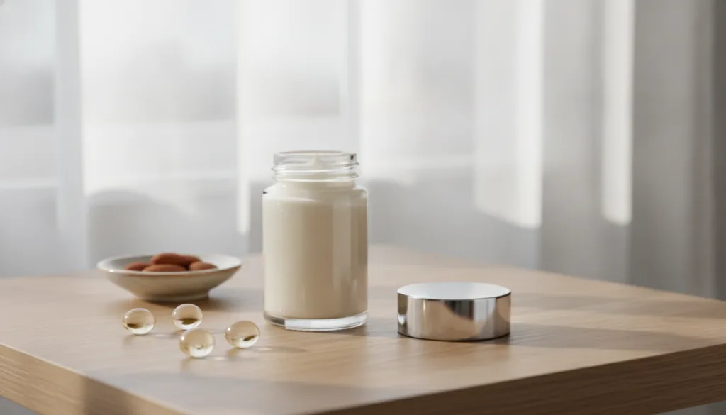 A small elegant glass jar filled with the freshly made smooth creamy Vaseline Vitamin E and sweet almond oil mixture pla