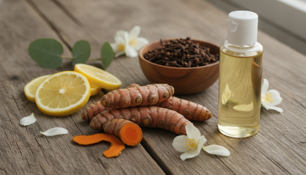 Various natural ingredients commonly used in DIY skincare such as fresh turmeric root sliced lemons a small bowl of clov