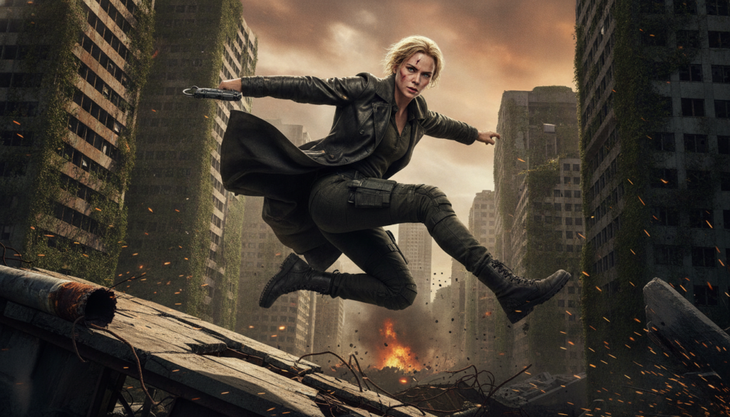 Charlize Theron in a powerful action-oriented pose possibly from Mad Max Fury Road or Atomic Blonde