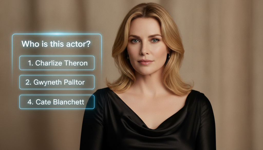 A multiple-choice quiz image showing a headshot of Charlize Theron with four answer options below her