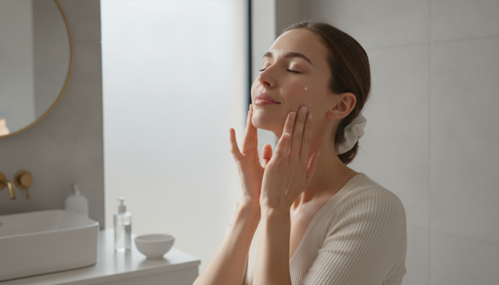 A woman gently massaging a few drops of oil onto her face and neck focusing on upward circular motions Her skin looks so