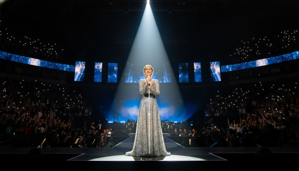 Céline Dion performing live on stage with a powerful expression in front of a large audience