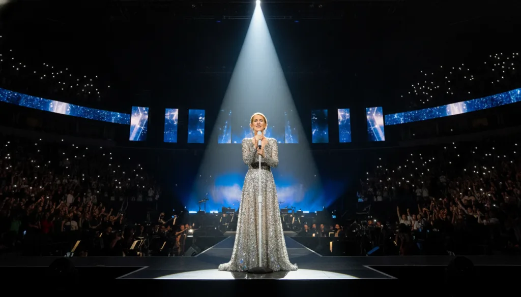 Céline Dion performing live on stage with a powerful expression in front of a large audience