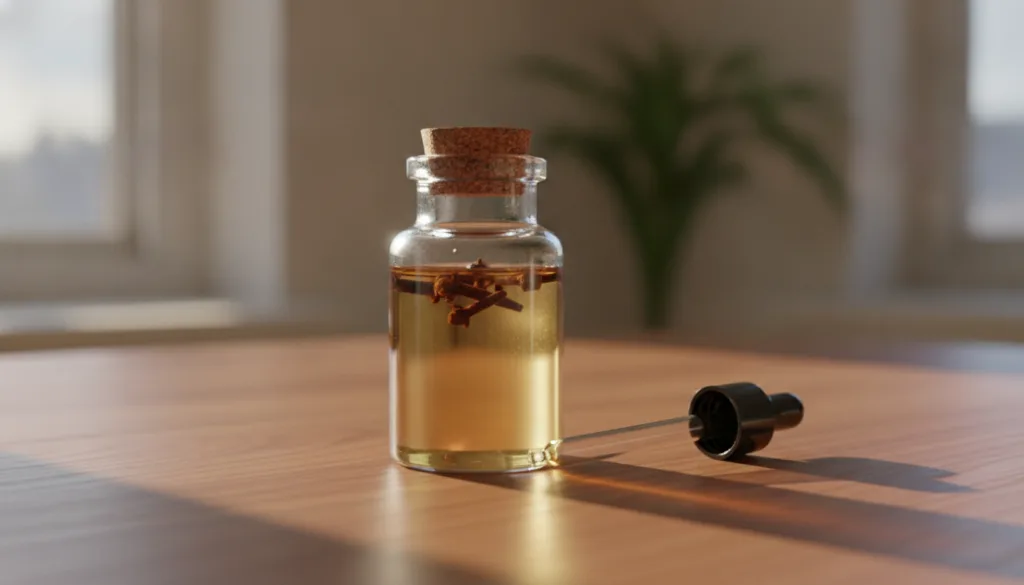 A small clear glass jar filled with infused clove and baby oil on a wooden surface with a dropper next to it