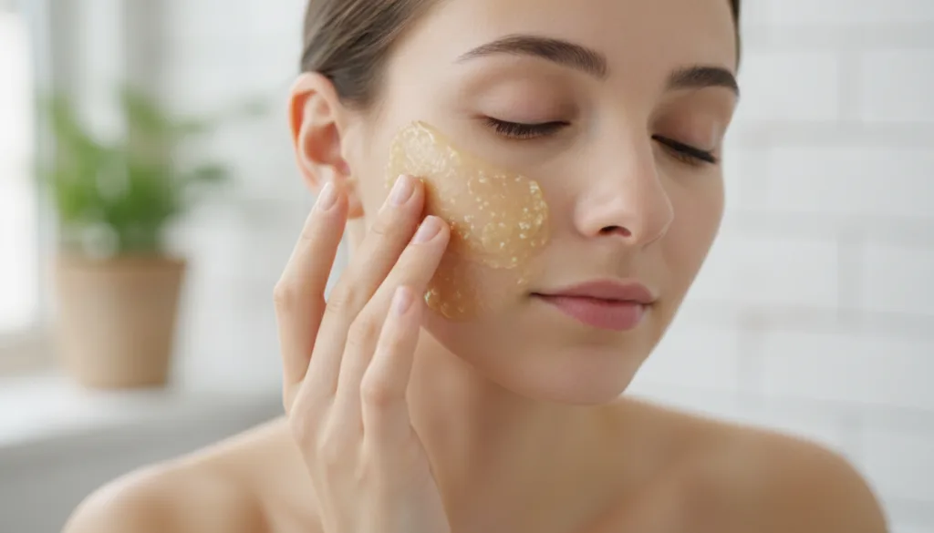 A woman gently applying a DIY aspirin and lemon face mask to her clean face in a well-lit bathroom focused on careful ap