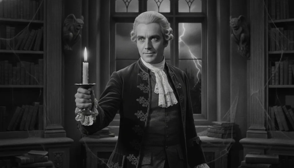 A still from a classic Vincent Price horror film showing him in character with a dramatic slightly sinister expression p