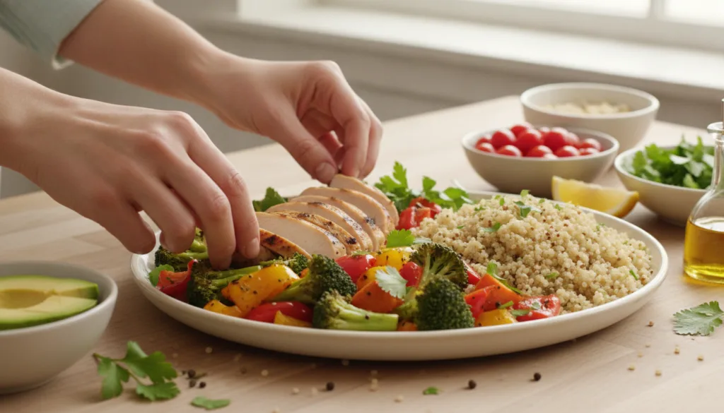 A person preparing a healthy meal with various protein sources like chicken and vegetables