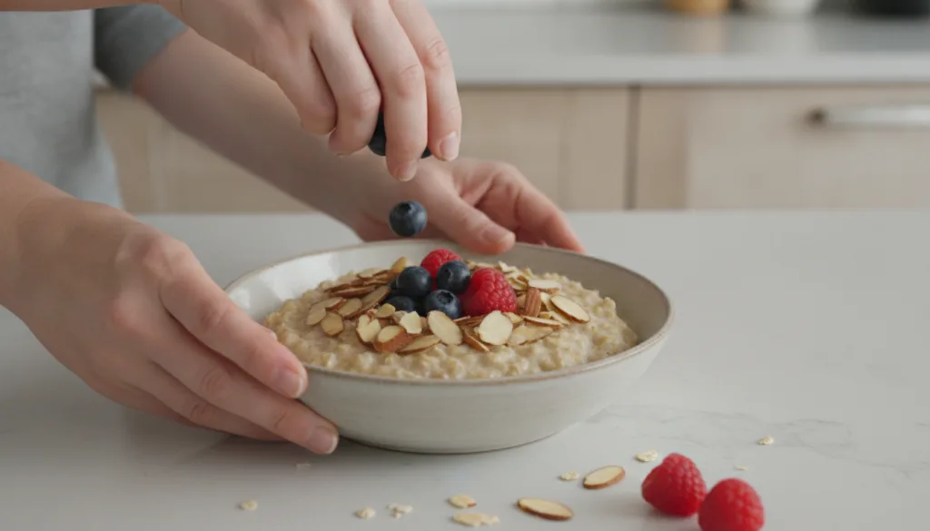 Hands preparing a healthy breakfast bowl with oats fresh berries nuts and a drizzle of honey The kitchen counter is clea