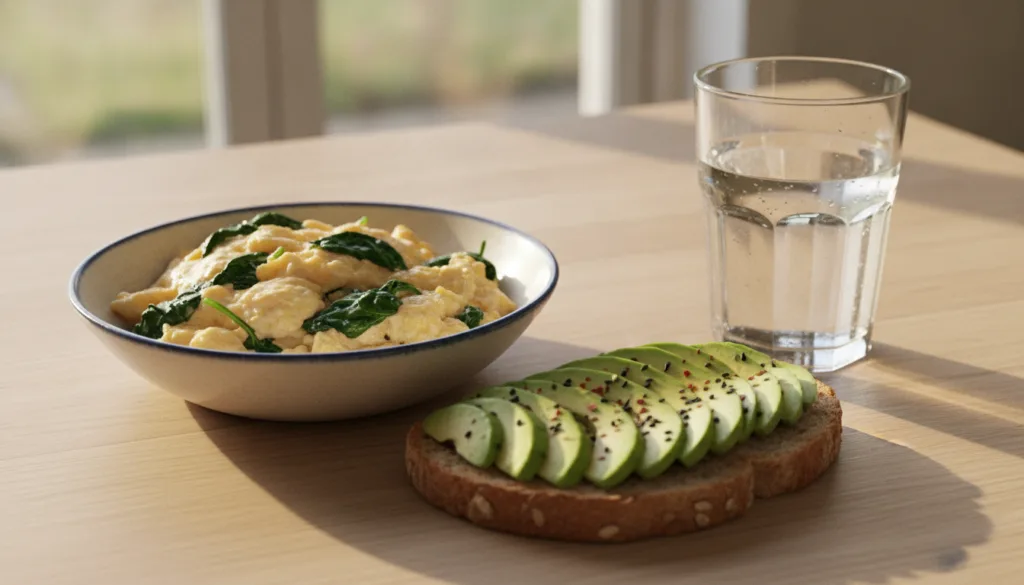 A vibrant and healthy breakfast spread featuring a bowl of scrambled eggs with spinach a side of avocado toast and a gla