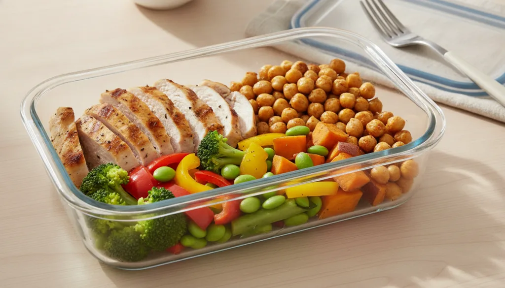 A vibrant balanced meal prep container filled with a portion of grilled chicken a side of roasted chickpeas and a colorf