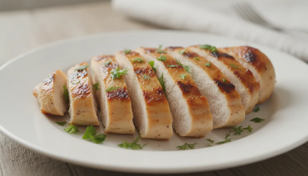 A close-up shot of a grilled chicken breast perfectly cooked and sliced on a clean white plate with a sprinkle of herbs