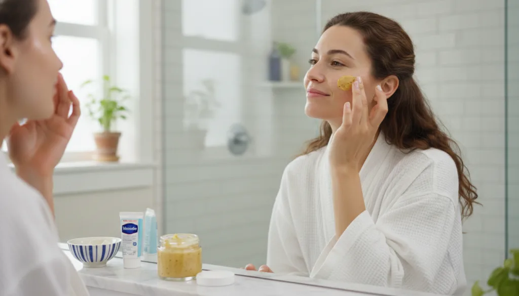 A woman gently applying a yellow turmeric-based face cream to her cheek in a well-lit bathroom smiling softly with a blu
