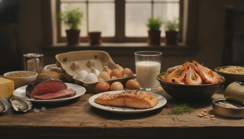 A variety of B12-rich foods laid out on a kitchen counter including fish meat eggs and dairy products