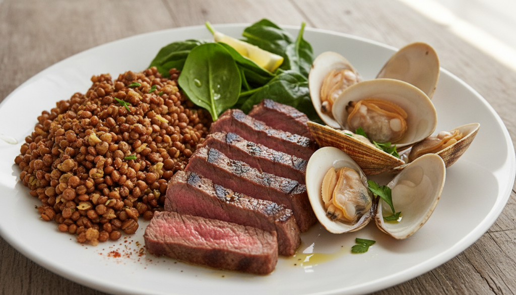 A varied plate featuring both plant-based iron sources like lentils and spinach and animal-based iron sources like lean
