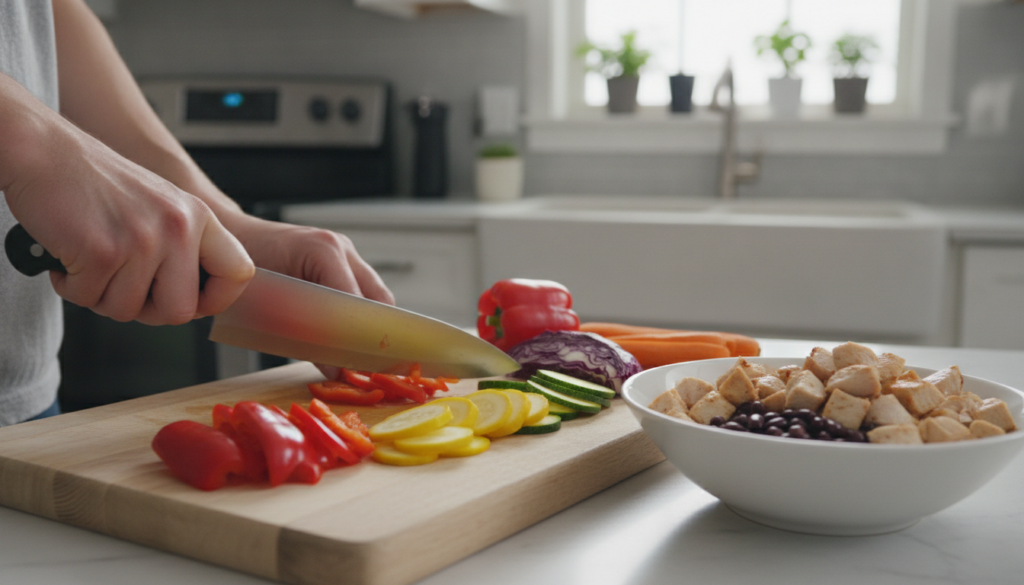 A person preparing a healthy meal with fresh vegetables and lean protein emphasizing hands-on cooking and healthy choice