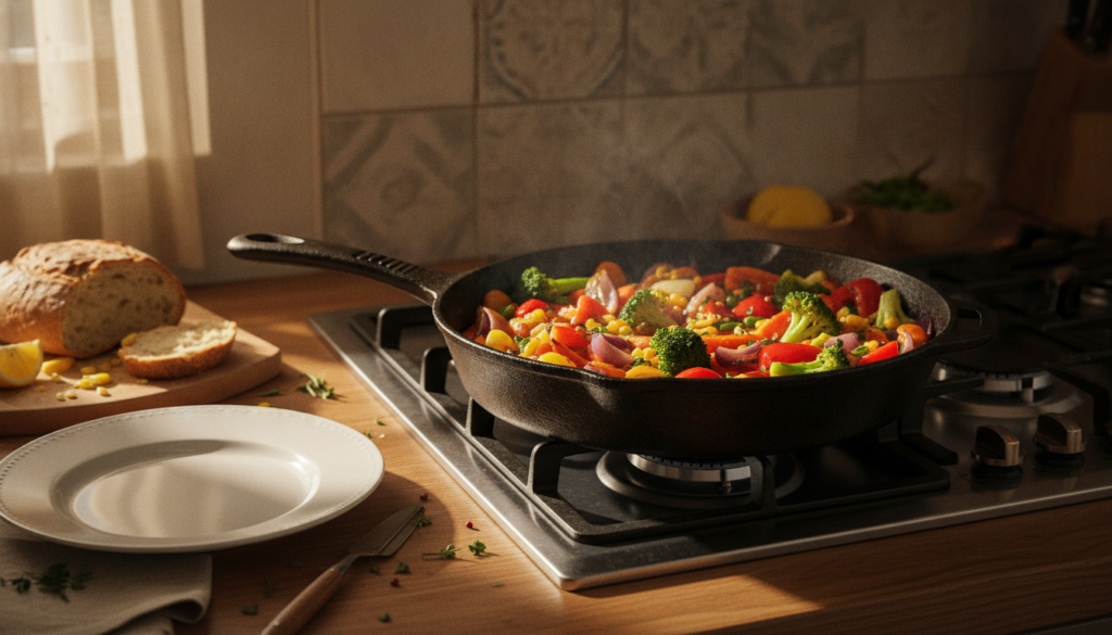 A cast iron skillet cooking vegetables with sunlight streaming into the kitchen highlighting the traditional cooking met