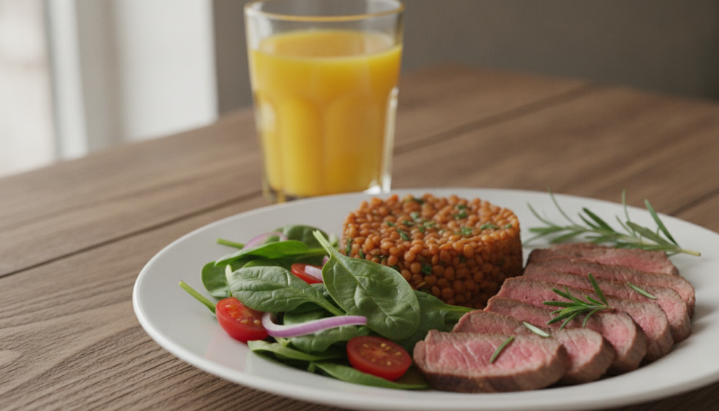 A vibrant plate with various iron-rich foods including spinach salad lentils sliced lean beef and a glass of orange juic