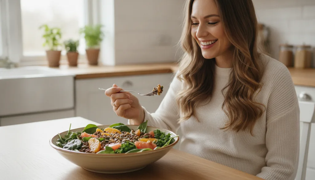 A pregnant woman enjoying a healthy meal rich in iron and Vitamin C such as a colorful salad with lentils and citrus dre
