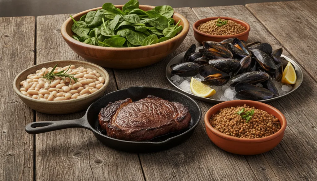 A variety of iron-rich foods including red meat beans mussels spinach and lentils arranged appetizingly on a rustic wood