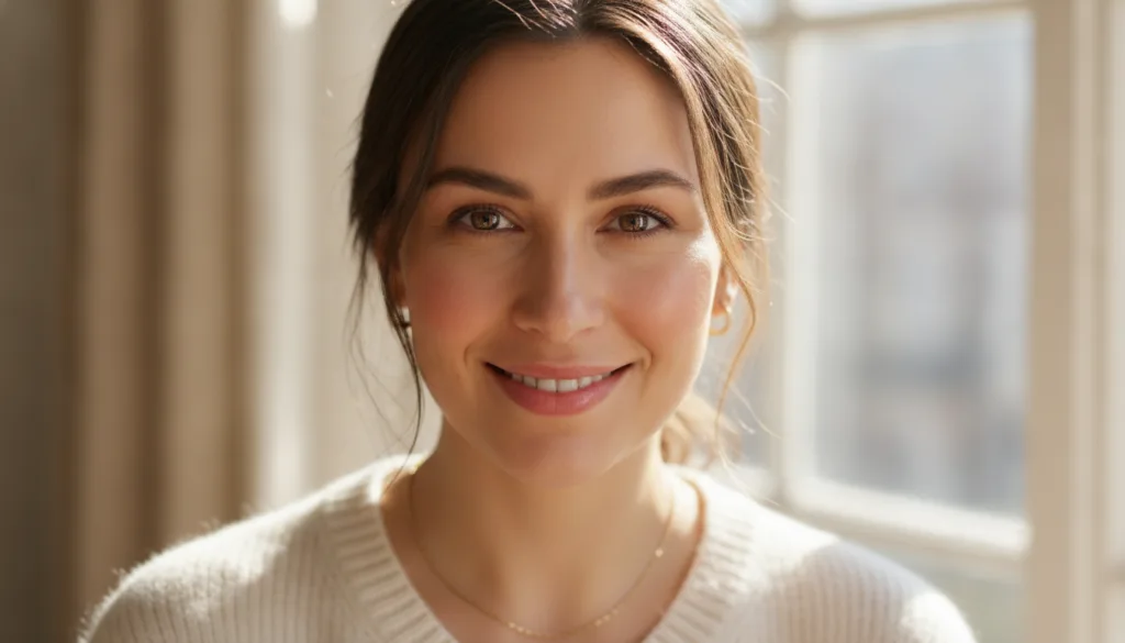 A vibrant healthy-looking woman with clear radiant skin smiling softly representing the desired outcome of the beauty ro