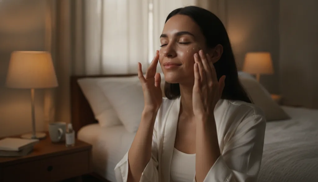 A woman gently applying a clear gel to her face before bedtime with soft ambient lighting in a bedroom setting