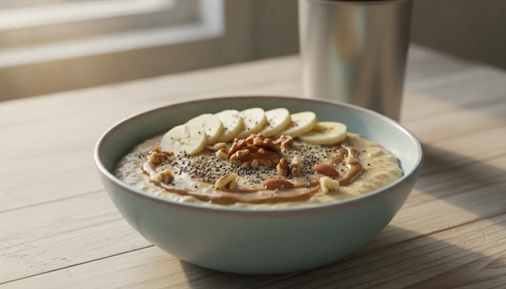 A delicious protein-rich oatmeal bowl topped with banana chia seeds and nuts next to a shaker bottle with protein powder