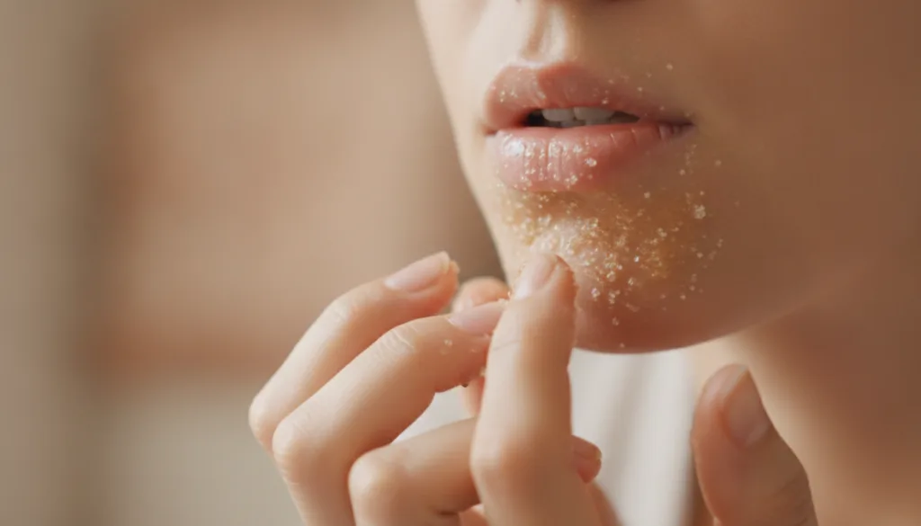 A person s hands gently exfoliating their lips with a homemade Vaseline and sugar scrub with a soft focus on the lips
