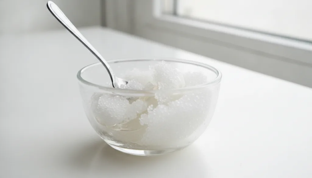 Close-up of a small bowl with Vaseline and sugar being mixed to create an exfoliating scrub