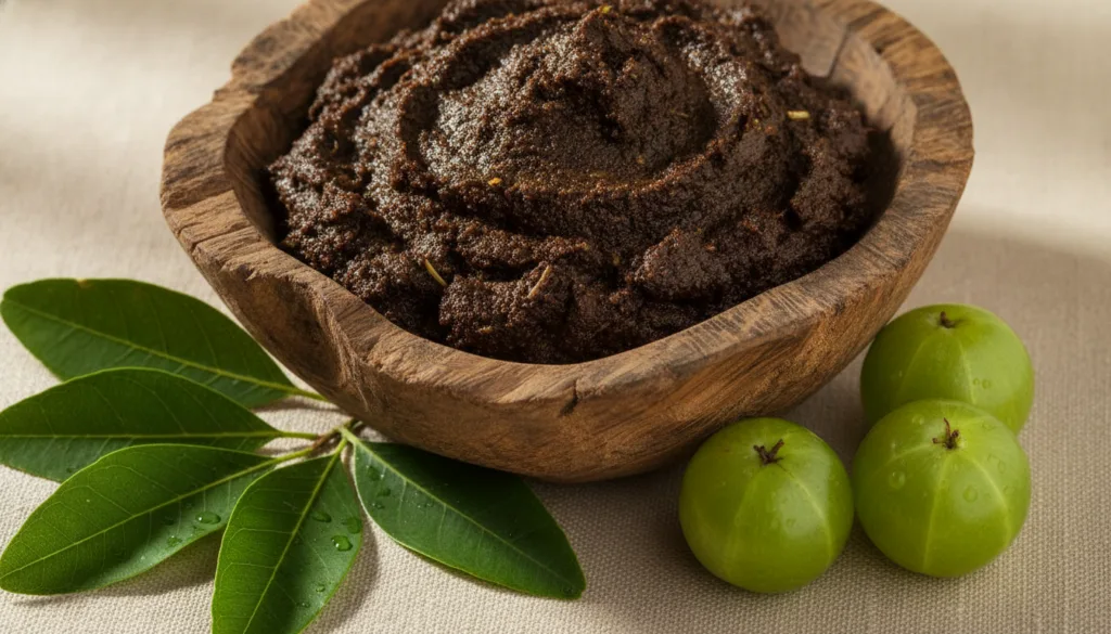 A close-up shot of a bowl with a dark green or brown Amla hair paste with fresh Amla berries and leaves artfully arrange