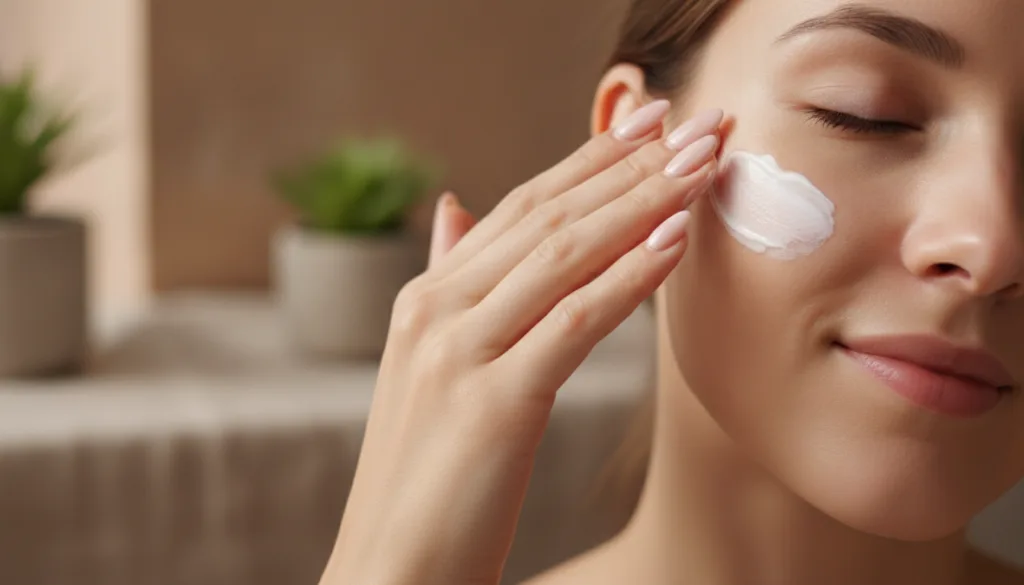 A hand gently massaging a small amount of the homemade cream onto a person s cheek showing the application method