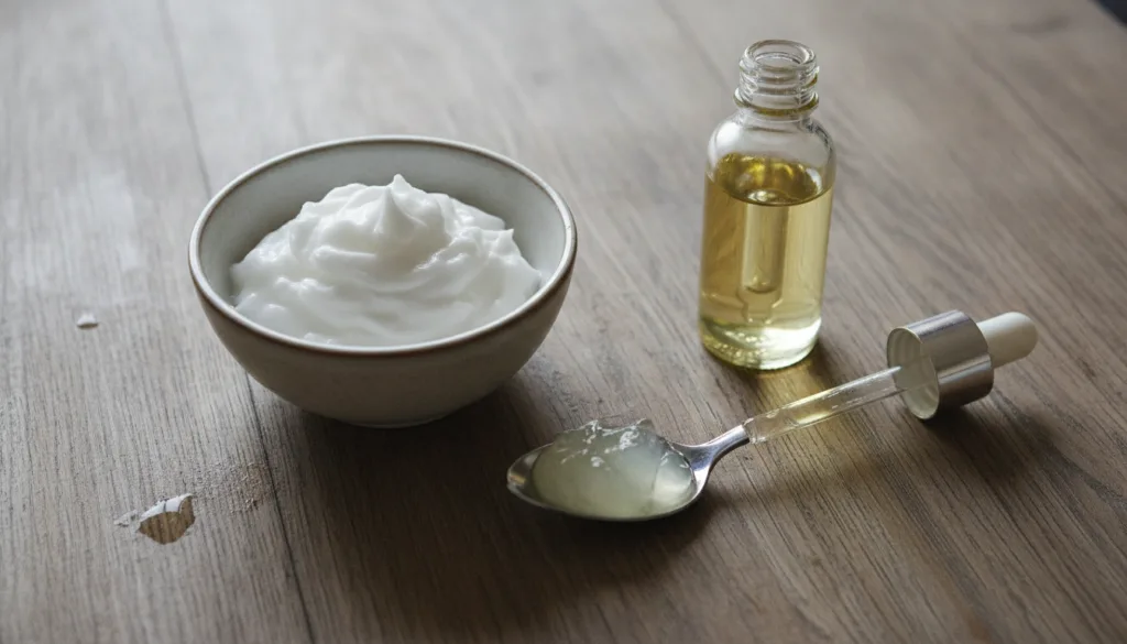 The three main ingredients for the DIY cream a small bowl of softened coconut oil a spoon with clear aloe vera gel and a