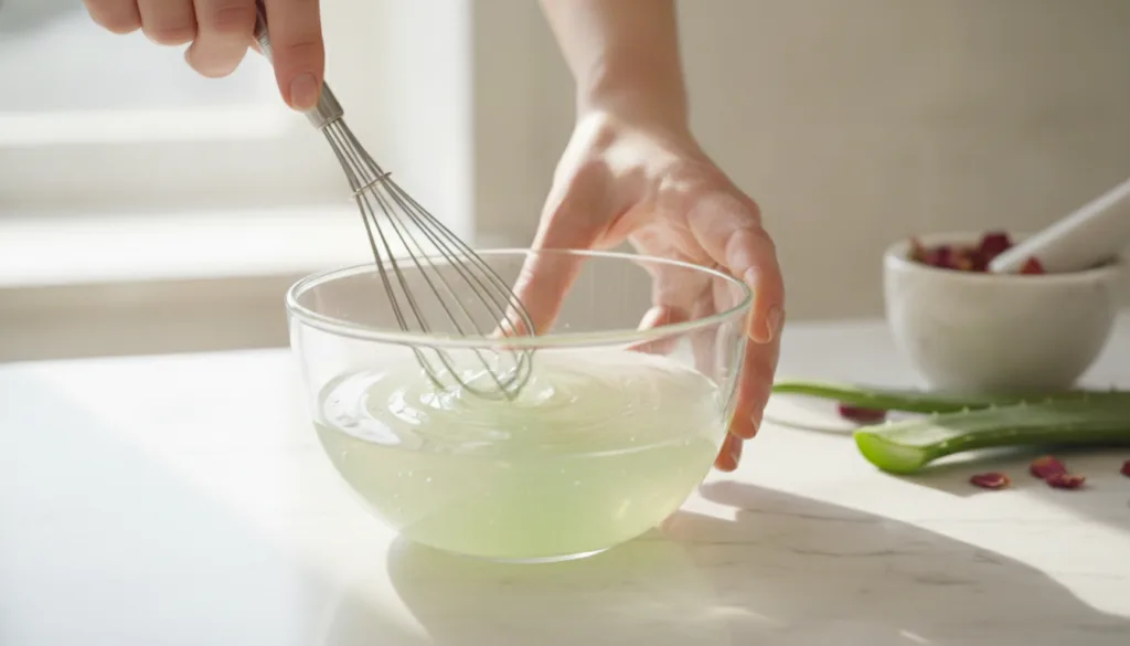 A woman s hands gently mixing aloe vera gel and rose water in a small glass bowl with a mini whisk creating a smooth gel