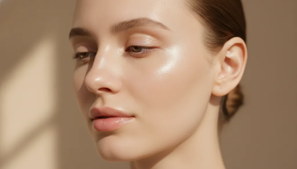 A close-up of a woman s face with radiant smooth skin showing a healthy glow and subtle hydration implying the positive