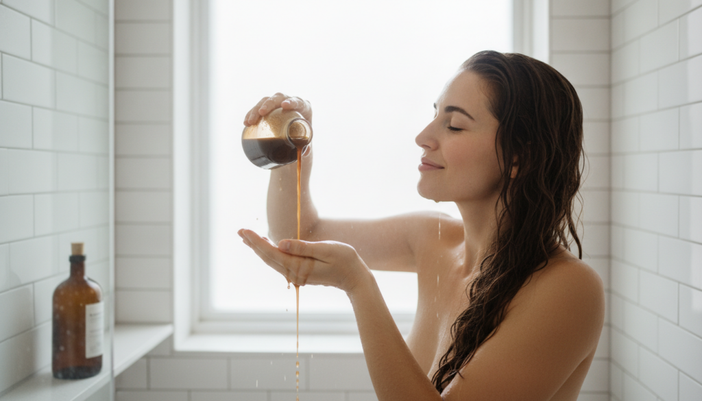 A woman is gently pouring a dark liquid hair rinse over her head in the shower with a focus on her hair being saturated 