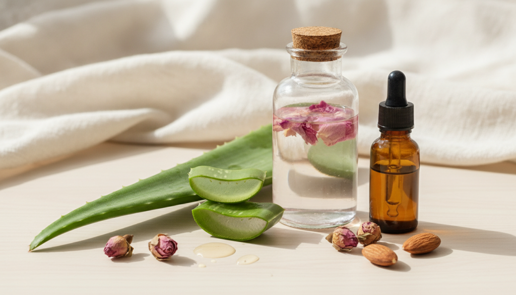 An assortment of the natural ingredients a fresh aloe vera leaf a bottle of rose water and a small vial of vitamin E oil