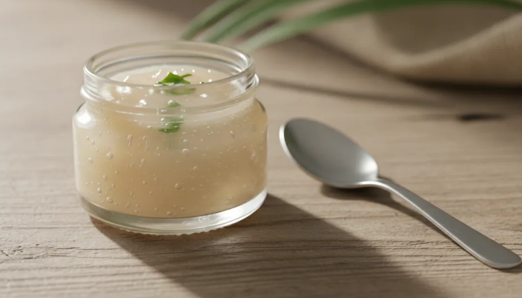 Close-up of a small glass jar containing the freshly made overnight gel with a spoon beside it on a natural wooden surfa