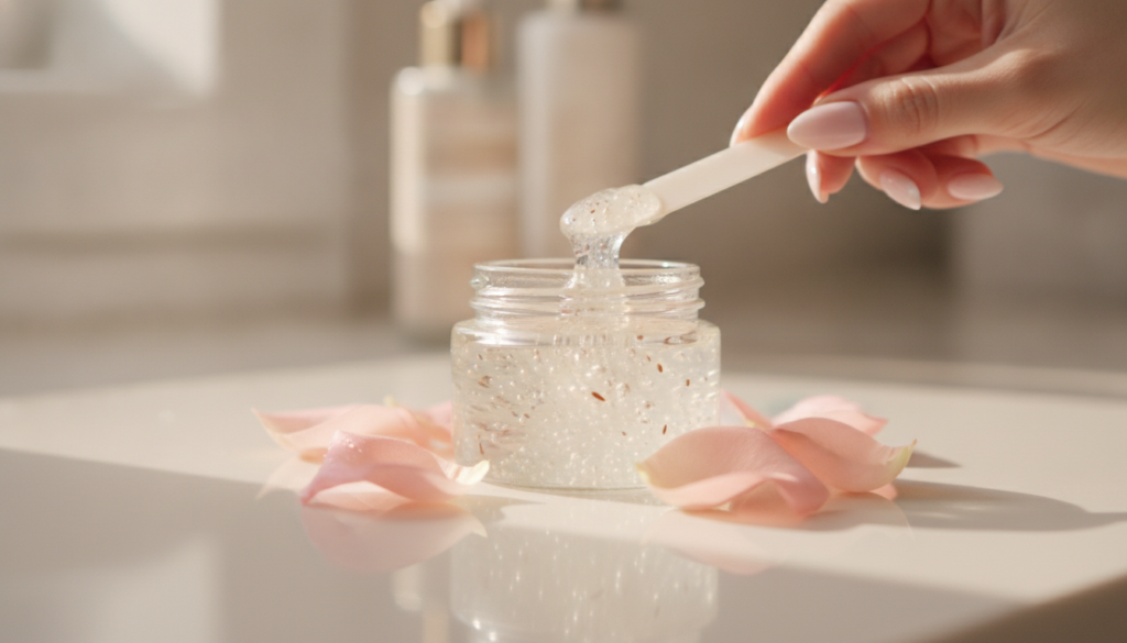 A small glass jar of freshly made translucent flaxseed gel on a vanity with a few rose petals scattered around suggestin