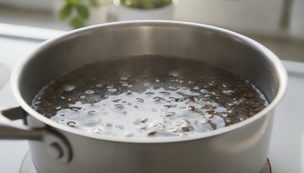 A close-up shot of flaxseeds simmering in a pot with water showing the beginning stages of gel formation The flaxseeds a