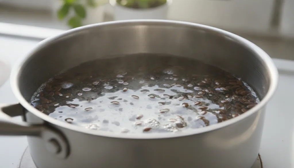 A close-up shot of flaxseeds simmering in a pot with water showing the beginning stages of gel formation The flaxseeds a