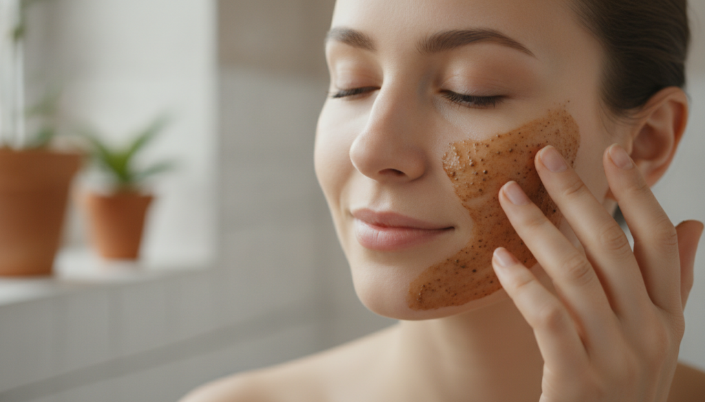A woman gently applying the Vaseline and coffee mixture to her cheek with her fingertips demonstrating the application m
