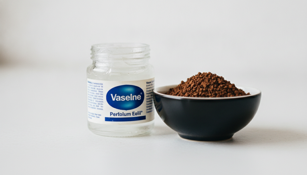 A close-up of a jar of Vaseline petroleum jelly next to a small bowl of instant coffee granules on a clean light surface
