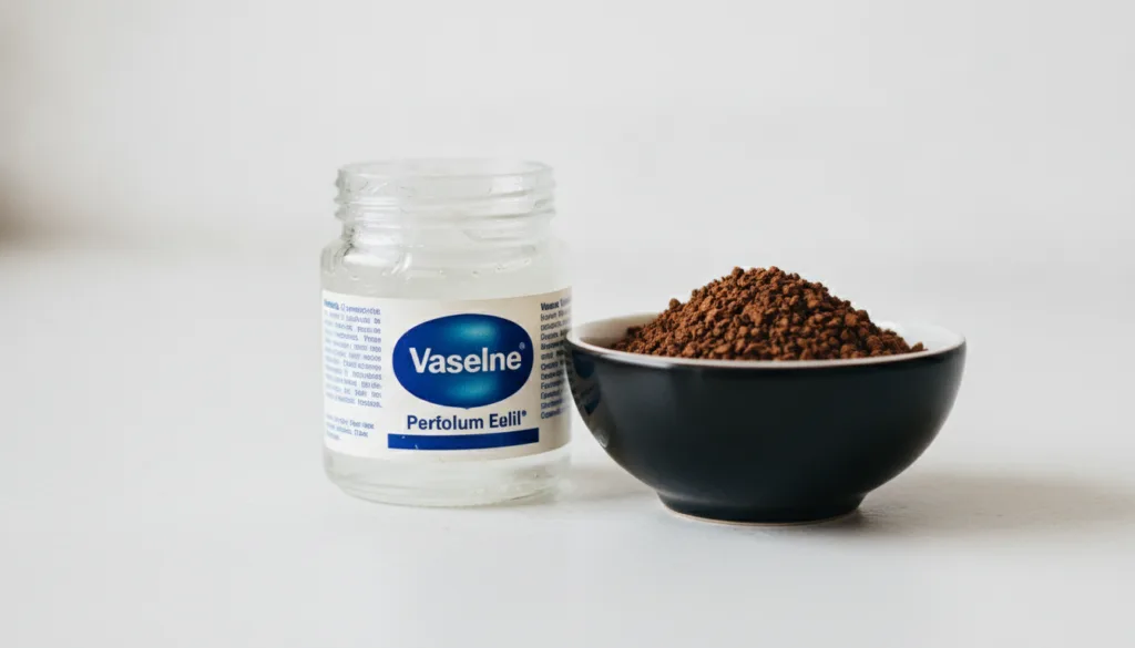A close-up of a jar of Vaseline petroleum jelly next to a small bowl of instant coffee granules on a clean light surface