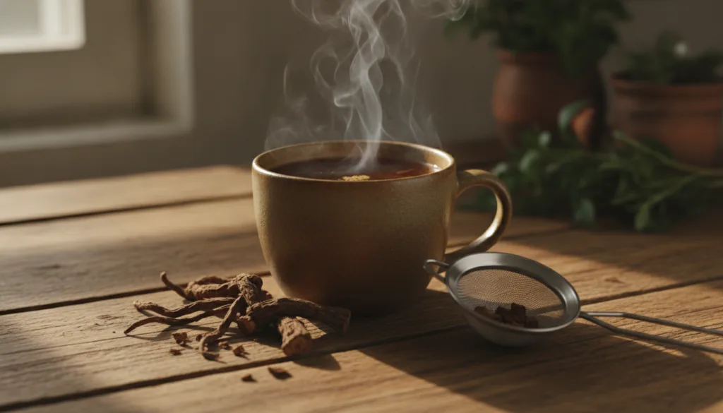 A steaming mug of dandelion root decoction on a wooden table with some dried dandelion root pieces and a small strainer