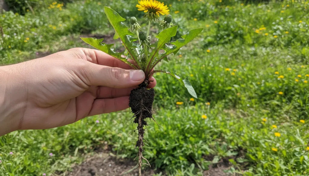 A hand holding a dandelion plant with visible roots in a garden setting illustrating safe harvesting