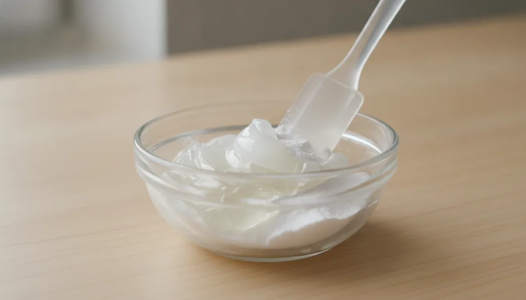 Close-up shot of a small bowl where Vaseline and baking soda are being mixed with a tiny spatula or spoon showing a crea