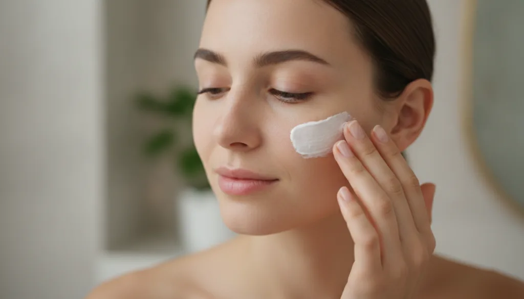 A woman gently applying a white paste to her cheek with her fingertips showing a focused and calm expression Her skin lo