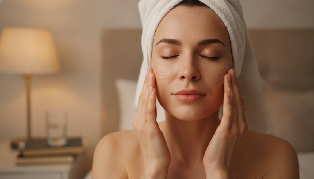 A woman gently applying a clear gel to her face at night with a soft glow on her skin Her eyes are closed in a relaxed e