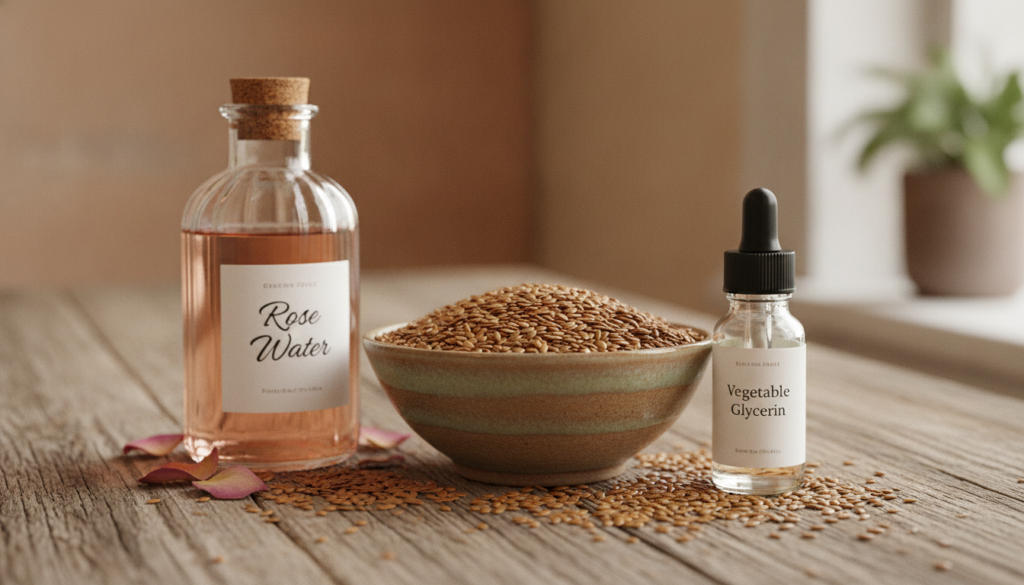 Ingredients laid out for a DIY flaxseed gel whole flaxseeds in a small bowl a bottle of rose water and a small bottle of